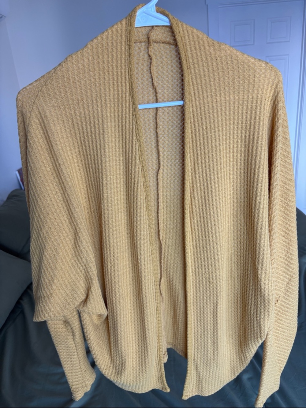 Caution To The Wind Waffle Knit Open Cardigan - Mustard